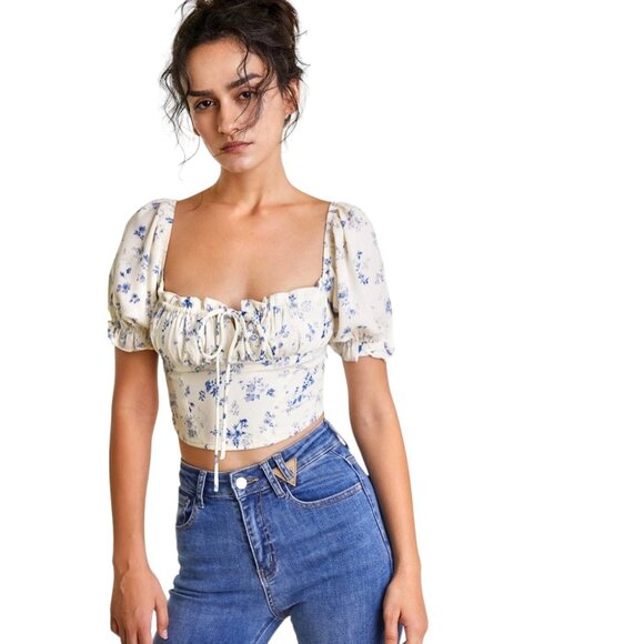 NWT J.ING Ivory Floral Print Square Neck Cropped Blouse - Picture 2 of 10